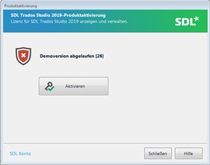 SDL Trados Studio 2019 Product Activation window showing an error message 'Demoversion abgelaufen 26' with an 'Activate' button.