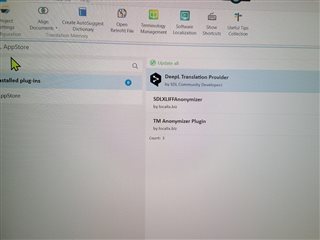 Trados Studio installed plugins screen displaying DeepL Translation Provider and TM Anonymizer Plugin.