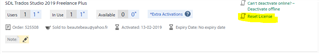 Screenshot of Trados Studio 2019 Freelance Plus license section showing no available activations and a highlighted 'Reset License' option.