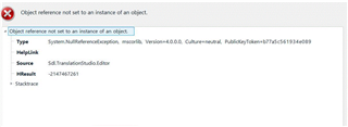 Error dialog box in SDL Trados Studio displaying 'Object reference not set to an instance of an object', with details including Type, HelpLink, Source, HResult, and Stacktrace.