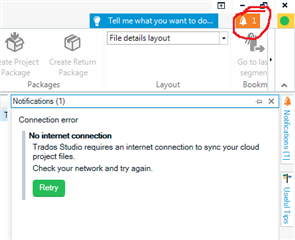 Trados Studio notification window showing a connection error stating 'No internet connection. Trados Studio requires an internet connection to sync your cloud project files. Check your network and try again.' with a 'Retry' button.