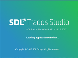 SDL Trados Studio splash screen displaying version 2019 SR2 - 15.2.8.3007 and message 'Loading application window...'.