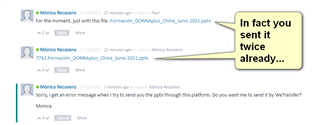 Email conversation with M nica Recasens, showing a highlighted message stating 'In fact you sent it twice already...' referring to a file named '7704Translation_DOMAINtopic_China_June2021.pptx'.
