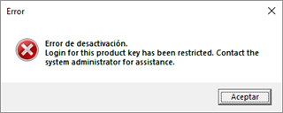 Error message in Trados Studio stating 'Deactivation error. Login for this product key has been restricted. Contact the system administrator for assistance' with an Accept button.