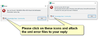 Two error dialog boxes from Trados Studio. The first says 'Key not found' with a string of characters and 'Parameter name: key.' The second says 'Cannot access the log file' with a file path and 'It is being used by another process.' Below is a prompt to attach the xml error files.