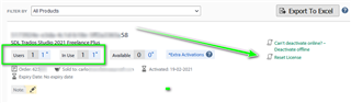 Trados Studio product license management screen showing 1 license with 2 activations used and an option to reset license.