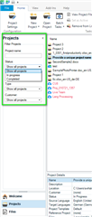 Trados Studio screenshot showing the Projects view with filters applied, displaying projects by status such as 'New', 'In Progress', and 'Completed'.