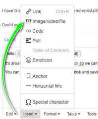 Screenshot showing a dropdown menu with options such as Link, ImageVideofile, Code, Poll, and others, with a green arrow pointing to the blue disk icon.