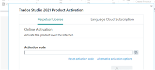 Trados Studio 2021 Product Activation window with options for Perpetual License and Language Cloud Subscription. An empty field for 'Activation code' is displayed.