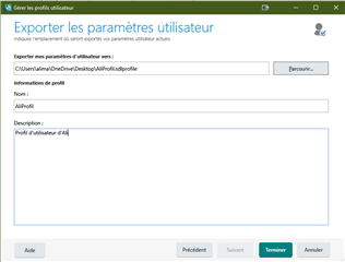 Trados Studio dialog box for exporting user settings with fields for file destination, profile name, and description.