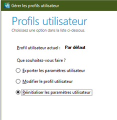 Trados Studio user profile management window with options to export, modify, or reset user settings, currently set to default profile.