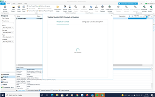 Trados Studio 2021 Product Activation window with a loading icon, indicating a process is in progress.
