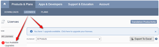 Screenshot of Trados Studio account page showing 'Licenses' tab with a notification 'You have 1 upgrade available. Click here to upgrade your license.'