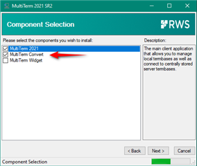 MultiTerm 2021 SR2 installation window with Component Selection highlighted, showing MultiTerm Convert option with a red arrow pointing at it.