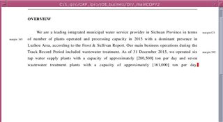 Screenshot of XPP Ideas document without any highlighted errors, showing text describing the company's water supply and wastewater treatment capacity.