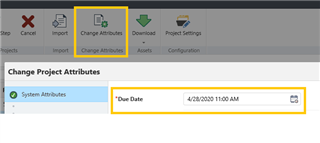 WorldServer Ideas project page highlighting the 'Change Attributes' button with a dropdown showing 'Due Date' field set to 4282020 11:00 AM.