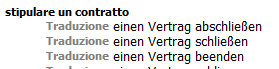 Screenshot showing a two-level layout with the term 'stipulare un contratto' and its translations in German without additional attributes.