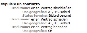 Screenshot displaying a three-level layout with the term 'stipulare un contratto', translations in German, and attributes like geographic usage and term status.