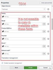 Screenshot of TD14 properties panel with metadata fields for Family, Model, and Product type, and a note stating it is not possible to copy metadata within these fields.