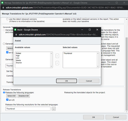 Screenshot of Tridion Docs Ideas translation report with 'Release Translations' function showing a dialog box to select multiple image resolutions, including options for 'Thumbnail' and 'Original'.