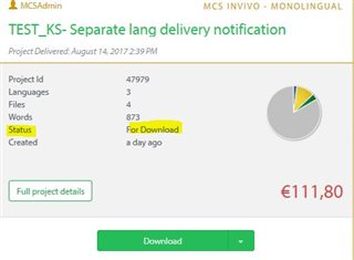 Screenshot of Managed Translation Enterprise dashboard showing a project notification with details such as Project Id, Languages, Files, Words, Status as 'For Download', and cost.