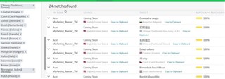 Screenshot of Managed Translation Enterprise Ideas page showing a list of 24 matches found for translation memory search results, with options to copy to clipboard for each language.