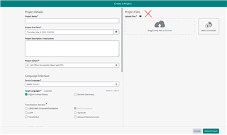 Managed Translation Enterprise project creation screen with 'Project Details' on the left and 'Project Files' section on the right showing an error icon.
