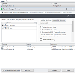 Tridion Sites Ideas publishing settings window with 'Re-Publish Only' checkbox selected, showing two targets DXA Staging and DXA Live.