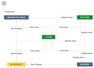 Workflow diagram showing issue states: 'Waiting for Triage', 'In Progress', 'Closed', 'Resolved', and 'Reopened'. Arrows indicate state transitions.