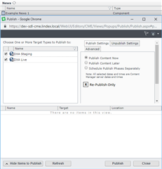 Tridion Sites Ideas publishing settings window with 'Re-Publish Only' checkbox selected and no option to force publish all pages.