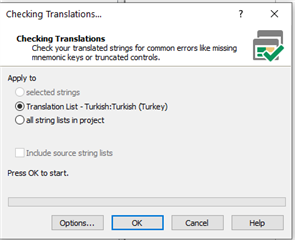 Passolo Ideas 'Checking Translations' dialog box with options: 'selected strings', 'Translation List - Turkish (Turkey)', and 'All string lists in project'. An 'OK' button is available to start the check.