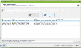 Screenshot of TMS Ideas 'Upgrade Translation Memories' window showing a list of ProjectTMs in Studio format with options for quick upgrade.