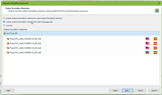 Screenshot of TMS Ideas 'Output Translation Memories' window with a list of ProjectTMs and red error icons indicating issues with the files.