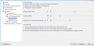 Screenshot of Trados Studio Ideas with a settings dialog open, showing sliders for adjusting minimum match values for terminology searches, with options for different term bases.
