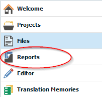 Screenshot showing the bottom left navigation pane in Trados Studio with the Reports view button circled in red.