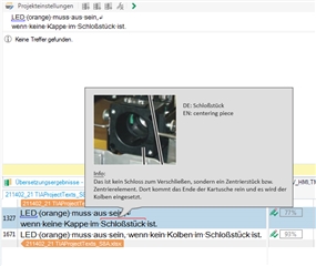 Screenshot of Trados Studio Ideas showing a term 'Schlossst ck' in the source segment with a pop-up displaying the term's translation 'centering piece' and an associated image of the part.