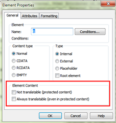 Element Properties dialog box with 'Always translatable (even in protected content)' option selected by default.