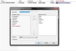 Screenshot of Trados Studio Ideas 'Customize Layout' window with a list of available columns including 'Source language' highlighted.