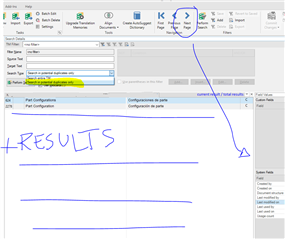 Screenshot of Trados Studio Ideas with annotations suggesting improvements for TM management. Highlights include adding a total number of results, multiple results per page, and a more accessible 'next page' button.