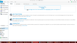 Trados Studio Ideas software interface showing a 'Preparing files...' progress window stuck at 15% with no cancel button visible.