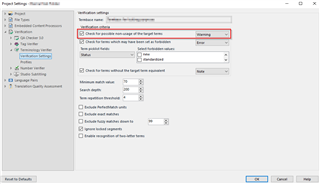 Trados Studio Ideas verification settings window showing a warning for 'Check for possible non-usage of the target terms'.