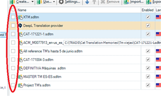 Close-up of Trados Studio 2019 SR2 interface highlighting checkboxes next to Translation Memories to enable or disable them quickly.
