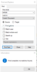 Trados Studio Find and Replace dialog box with 'Target' selected and an Information message box stating 'Find complete: no matches found.'