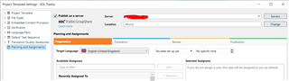 Screenshot of Trados Studio Ideas 'Apply Studio Project Template' plug-in interface showing the 'Planning and Assignments' tab with options for 'Responsibilities', 'Translation', and 'Review'. No errors or warnings visible.