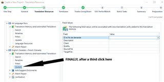 View after third click displaying the Translation Memory update fields with 'ID and Request No.', 'Description', and 'Client' fields visible.