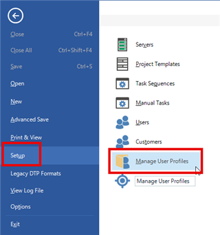 Trados Studio interface showing the 'Setup' menu selected and 'Manage User Profiles' highlighted.