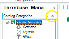 Screenshot showing the Termbase Manager window with the Catalog Categories section and a yellow circle highlighting the close button.