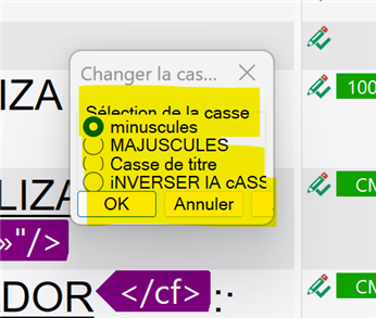 Trados Studio dialog box for changing text case with options for lowercase, uppercase, title case, and inverted case, highlighted OK and Cancel buttons.