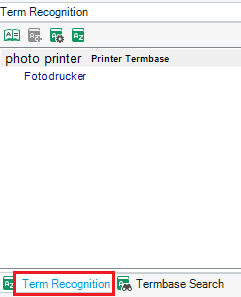 Trados Studio screenshot showing the Term Recognition tab selected with the terms 'photo printer' and 'Printer Termbase' displayed in the list.