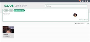 Screenshot of the SDL Community website showing a user's friends list. The navigation tabs 'Content' and 'Groups' are visible, and a search bar with the text 'nazid' is present. Below, 'Tania Hall' appears as a friend with an 'Accept Request' button.